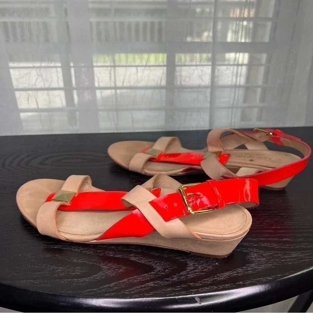 KATE Spade New York Sandals Neon Orange Patent Leather Gold Studs Size 8